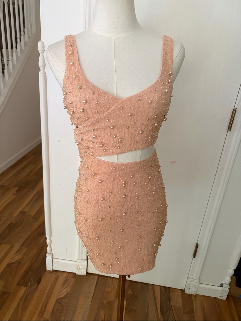 Oh Polly Peach Stretchy Beads Pearl-Embellished Cutout Mini Dress, Size 2, NWT